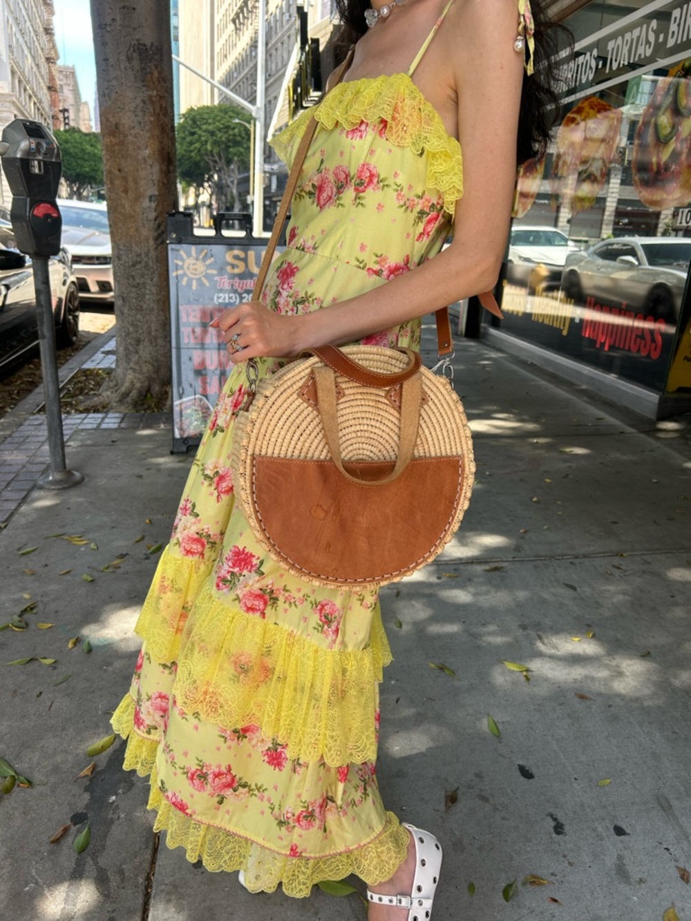 Round Woven Crossbody Bag with Brown Leather Accent